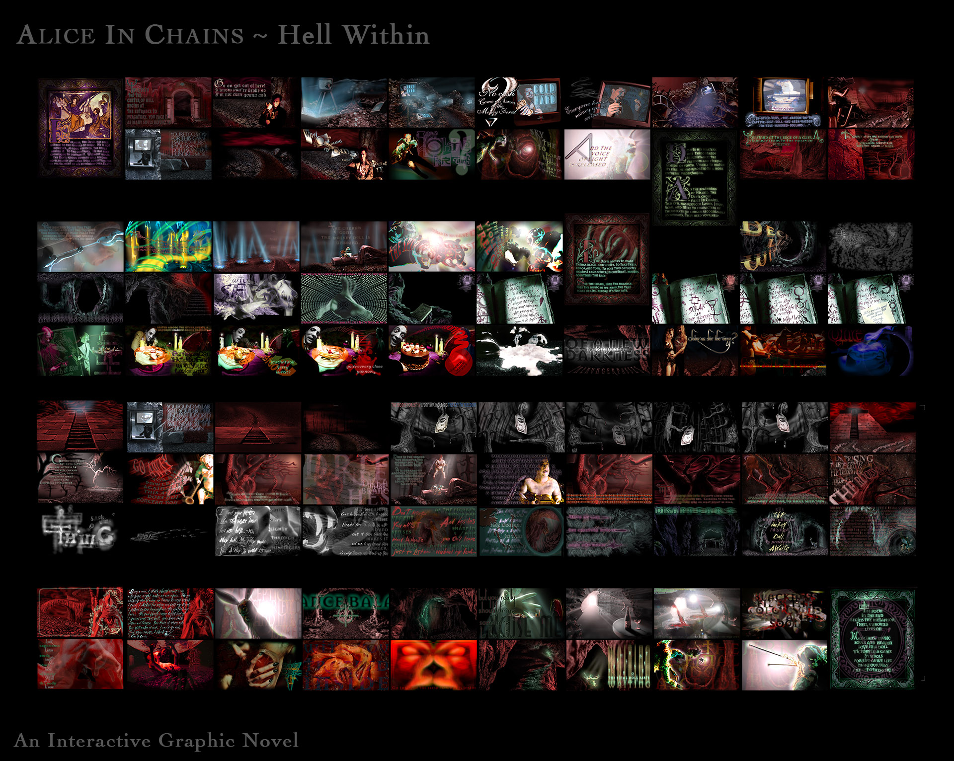 A colorful layout of scenes from the Alice In Chains graphic novel, Hell Within.