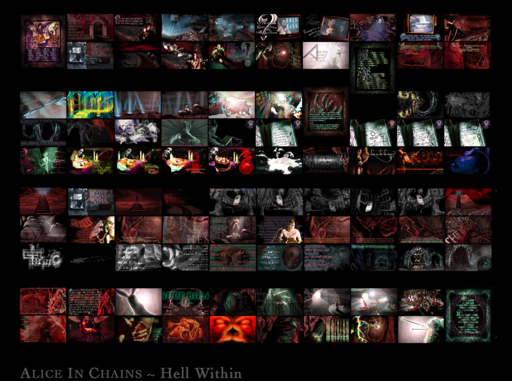 A colorful layout of scenes from the Alice In Chains graphic novel, Hell Within.